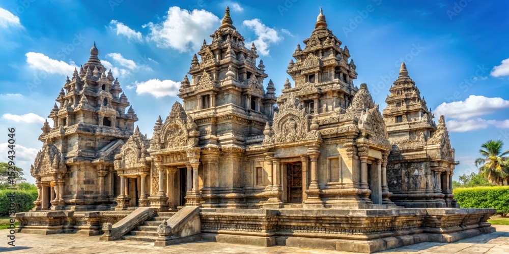 Naklejka premium Ancient temple architecture with intricate carvings and statues in Wat Asokaram , historical landmark, ornate details