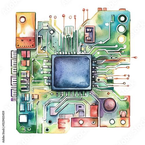 Circuit Board Technology, watercolor vector, high quality, isolated on a white background.