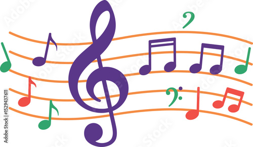 Musical Notes and Treble Clef on Staff for Sheet Music and Composition