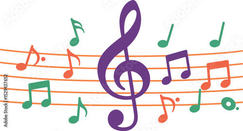 Musical Notes and Treble Clef on Staff for Sheet Music and Composition
