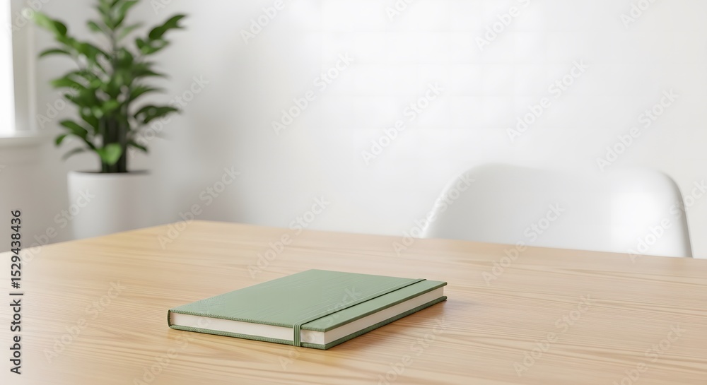 Sage green notebook on light wood table minimalist office desk Sage green notebook on light wood table minimalist office desk