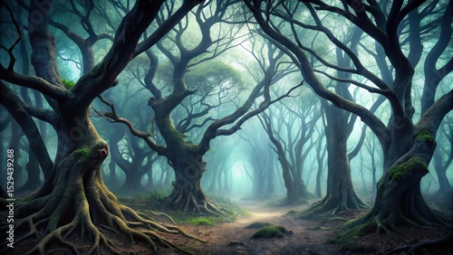 Dark misty forest with twisted tree trunks and branches , haunted woods