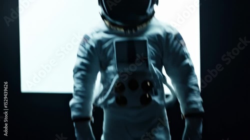 an astronaut walks against a white glowing screen
