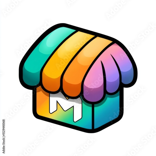 Colorful Icon of a Dreamy Shop with a Vibrant Rooftop and a Playful Letter M for Online Marketplace and Shopping Application