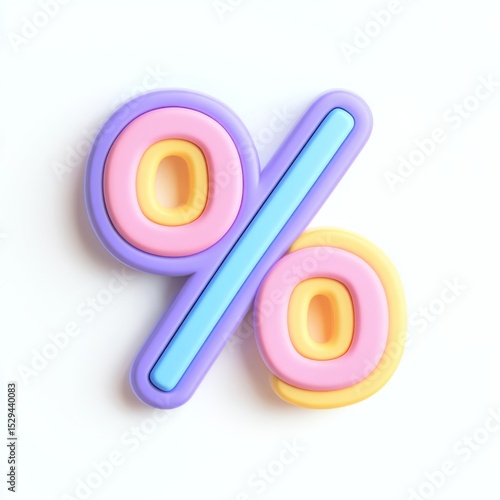 Colorful percentage symbol made of soft plastic with pastel shades on a clean white background for financial concepts
