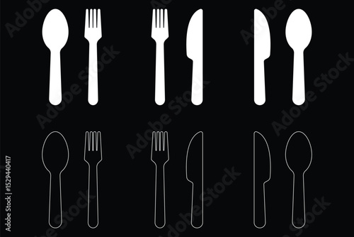 Spoon, fork and knife set icons vector illustration on white background. cutlery or flatware consisting of a knife fork and spoon for meal solid or glyph icon.