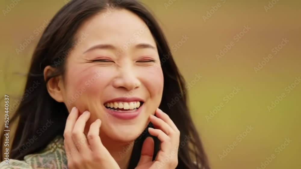 Joyful Young Asian Woman Laughing Out Loud with Eyes Closed, Hands on Cheeks, Expressing Happiness and Carefree Emotion Joyful Young Asian Woman Laughing Out Loud with Eyes Closed, Hands on Cheeks, Expressing Happiness and Carefree Emotion