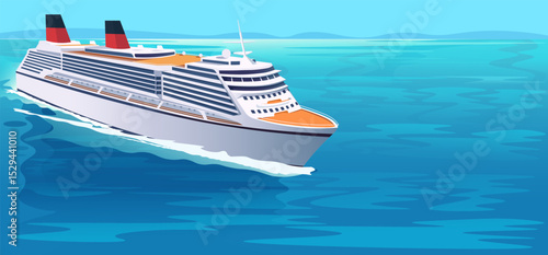 Luxury cruise liner gliding through calm ocean waters, cartoon style, with clear blue sky and distant horizon. Concept of sea travel. Vector illustration