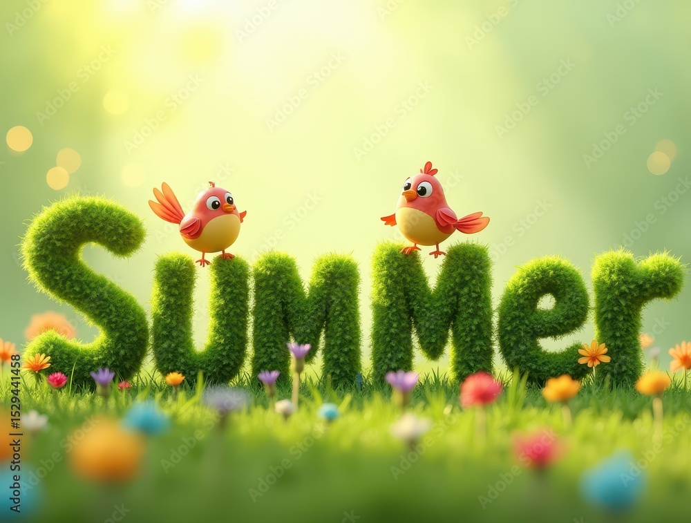 custom made wallpaper toronto digitalAn energetic and wide banner showing the word 'SUMMER' in grassy 3D letters, perfect for seasonal websites and nature-themed promotions