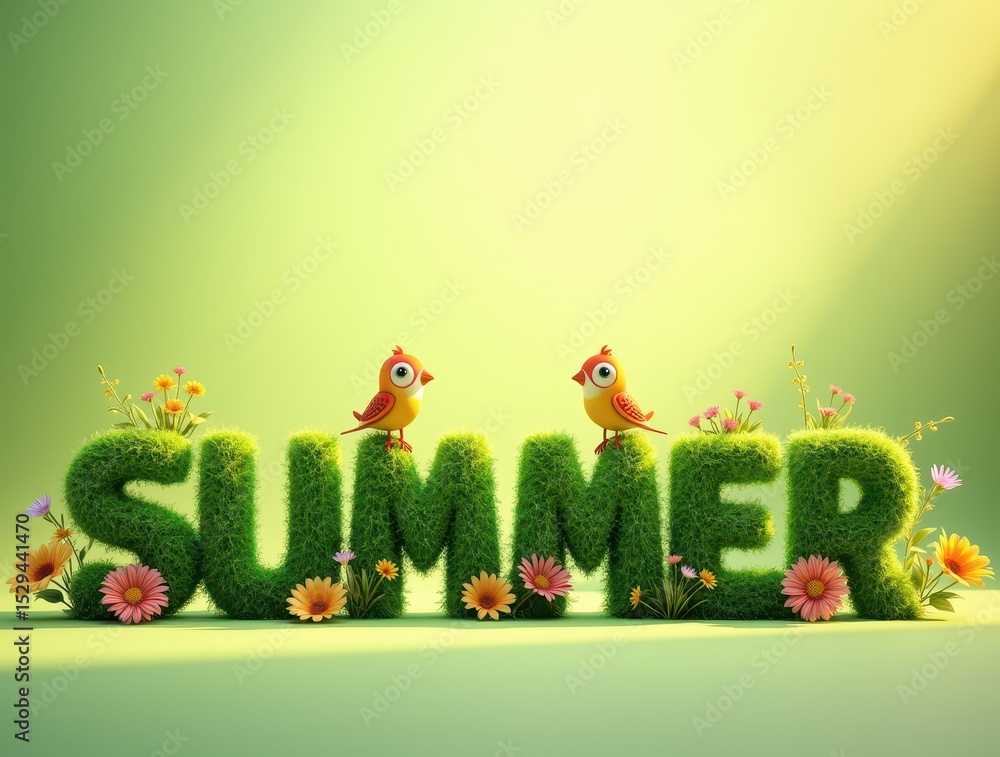 Fototapeta premium An energetic and wide banner showing the word 'SUMMER' in grassy 3D letters, perfect for seasonal websites and nature-themed promotions