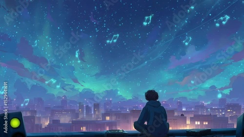 Wallpaper Mural An anime-style illustration of a young person sitting on a rooftop at night, gazing up at a vast starry sky Neon city lights glow softly around the rooftop, with glowing speakers and a po Torontodigital.ca