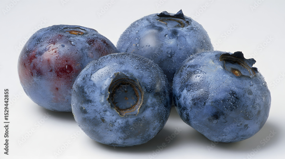 Obraz premium Captivating Close-Up Photograph Showcasing a Cluster of Plump, Dew-Kissed Blueberries with Their Distinctive Bloom and Rich Indigo Hues, Elegantly Presented Against a Crisp White Background