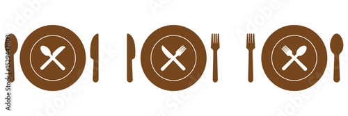 Tableware icon set of fork, knife, spoon. Logotype menu. Cutlery and crockery sign. Vector illustration