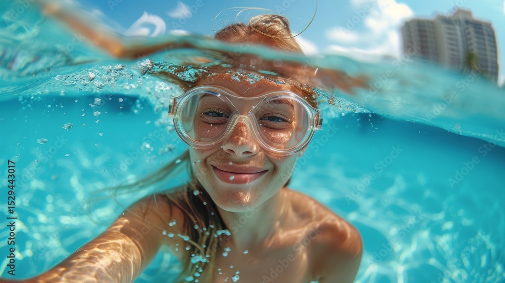 Naklejka premium A joyful girl submerged underwater wearing swimming goggles, showcasing a vibrant and playful spirit. A perfect representation of fun moments at the beach or pool.