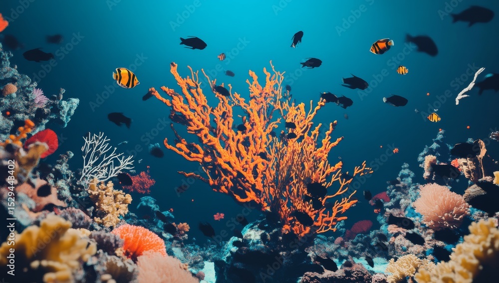 Fototapeta premium An underwater scene with coral reefs, colorful fish, and sea plants. The background is a dark blue, creating an atmosphere of mystery. In the center, there's a large orange-brown branch