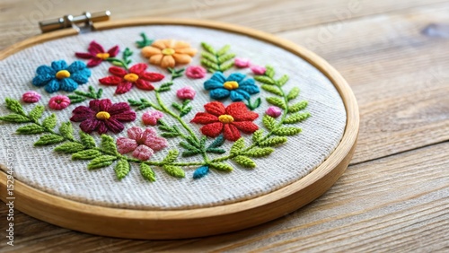 Intricate embroidery design on natural cotton fabric, beautifully displayed within a wooden embroidery hoop, traditional
