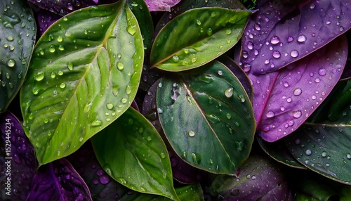 a captivating blend of vibrant green and purple leaves adorned with droplets of dew evokes a sense of freshness and purity highlighting the beauty found in nature s palette