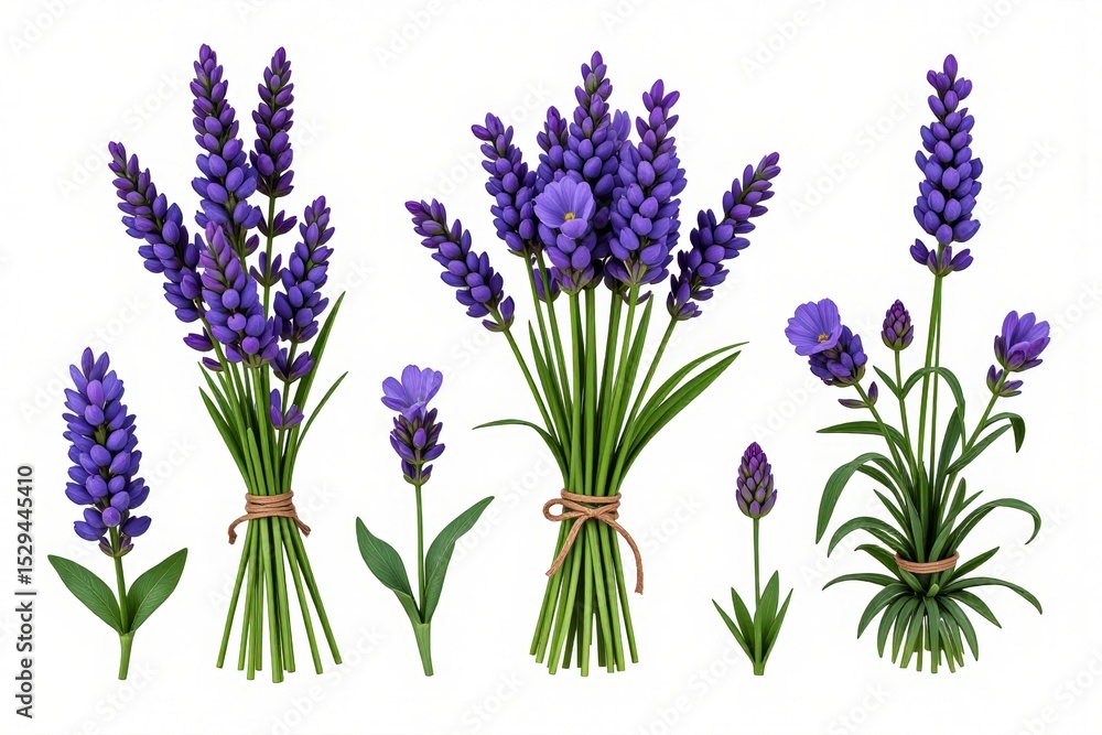 Fototapeta premium Beautiful Lavender Flowers Bouquet Sprigs Plants Isolated on White Background