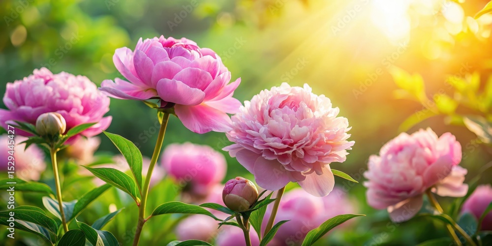 delicate pink peonies in a garden setting with lush greenery and soft sunlight, natural beauty, botanical illustration delicate pink peonies in a garden setting with lush greenery and soft sunlight, natural beauty, botanical illustration