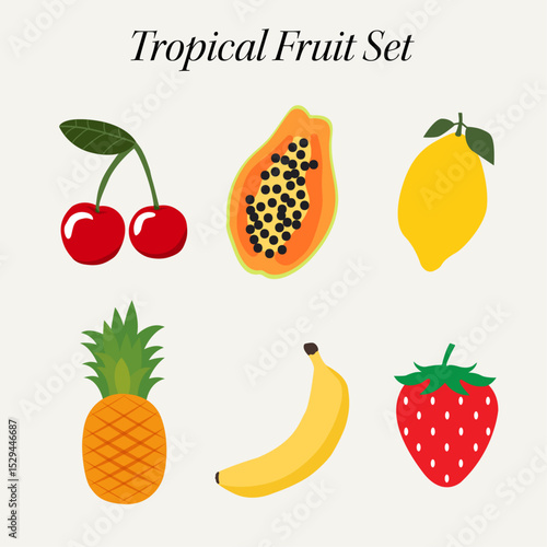 Flat Vector Set of Colorful Tropical Fruits