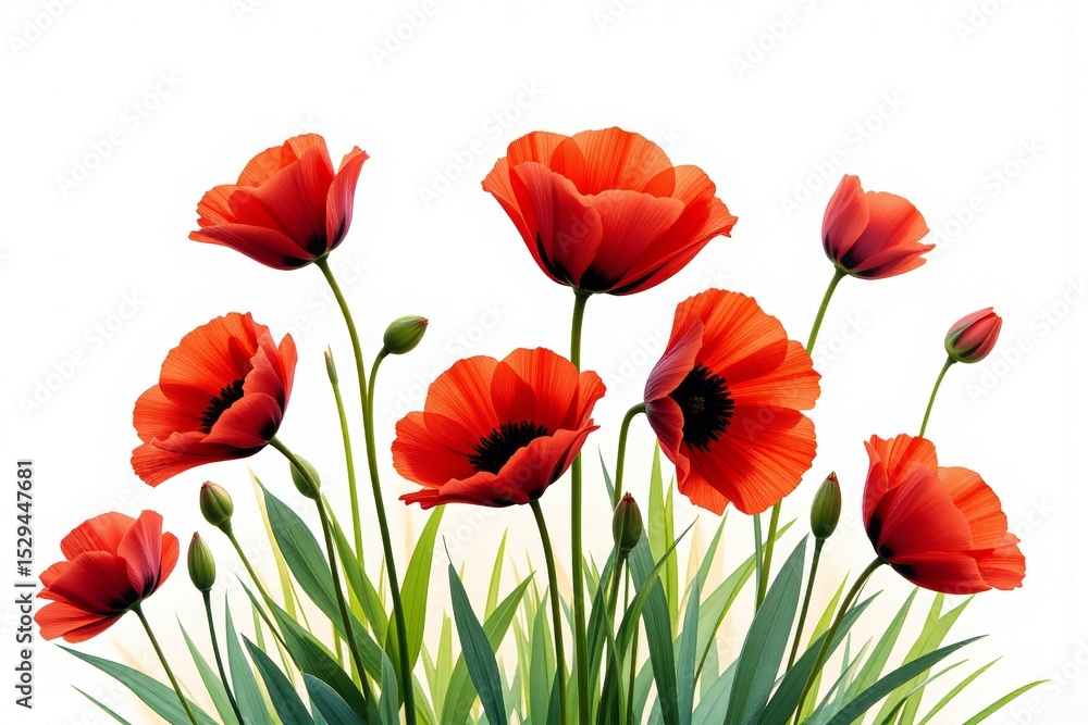 Naklejka premium Vibrant Red Poppies in Lush Green Foliage Isolated on White Background Floral Nature Photography