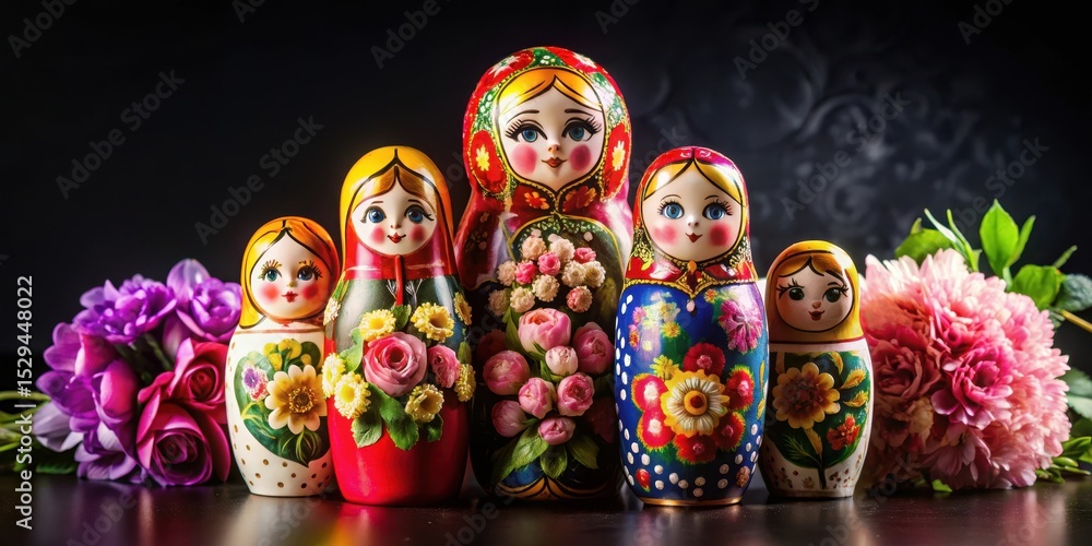 Fototapeta premium Colorful Matryoshka dolls stacked on a black background with a bouquet of fresh flowers in the foreground