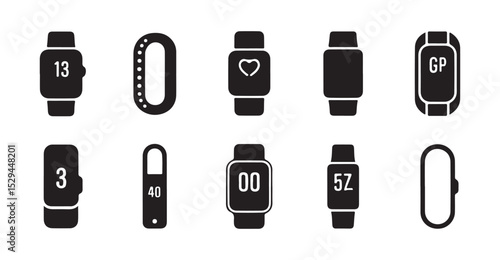A set of black silhouette icons representing various types of smartwatches vector art on white