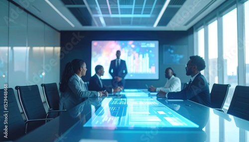 Futuristic boardroom. Diverse team, glowing table, presentation screen. Modern and tech-focused