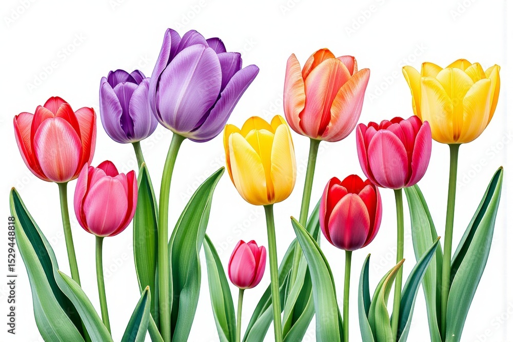 Fototapeta premium Vibrant Colorful Tulips Spring Flowers Bouquet Isolated on White Background