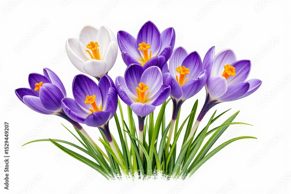 Naklejka premium Vibrant Spring Crocus Flowers Bouquet Purple and White Blossoms Isolated on White Background