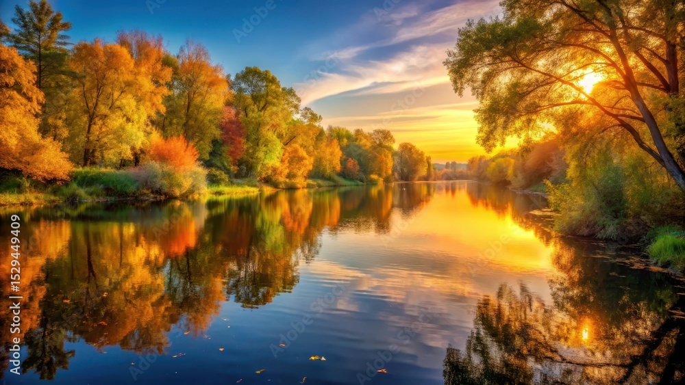 Obraz premium A serene and peaceful autumn river scene with golden hues of sunset reflected on calm water