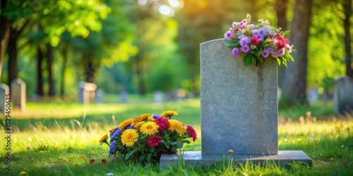 Fototapeta Naklejka Na Ścianę i Meble -  serene weathered gravestone with vibrant fresh flowers in a peaceful cemetery