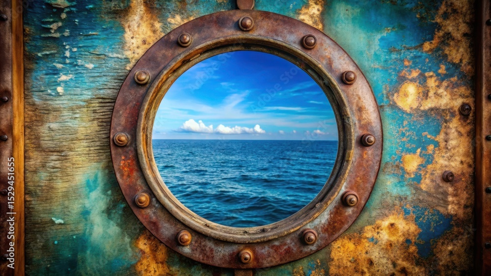 Old nautical porthole with rusty metal exterior and blue glass window Old nautical porthole with rusty metal exterior and blue glass window