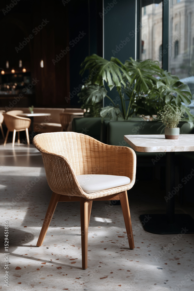 Fototapeta premium Wicker chair with cushion in sunlit modern cafe interior surrounded by green plants and warm design elements