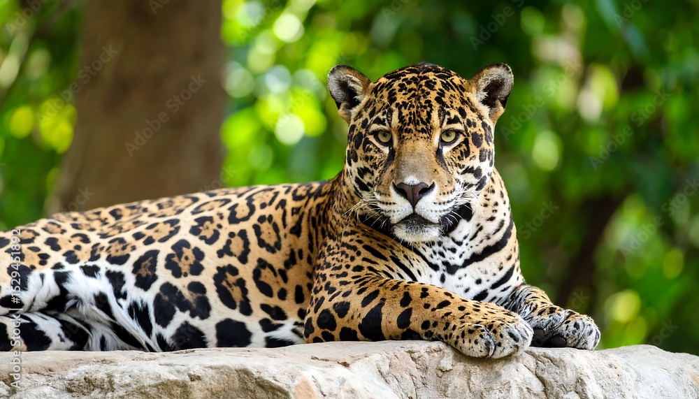 Fototapeta premium Majestic Jaguar Resting on Rock.