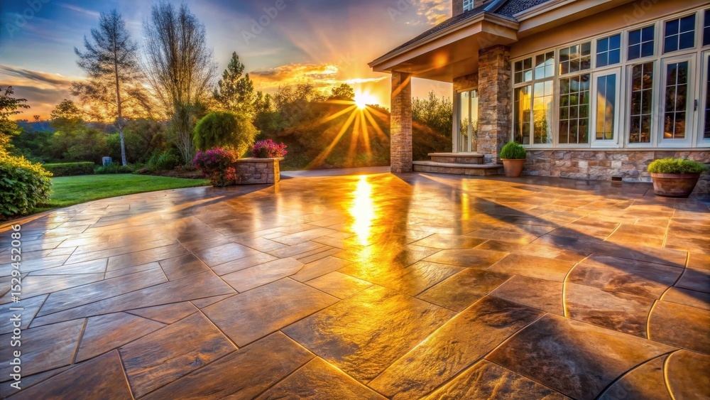Obraz premium Warm sunlight glistens on a beautifully stamped concrete patio