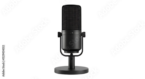 Black condenser microphone on stand isolated on transparent background
