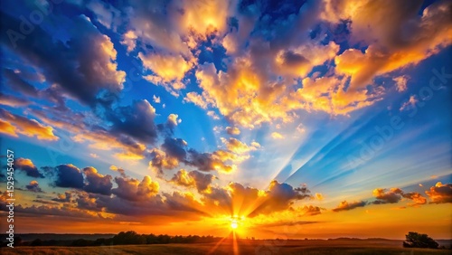 Fototapeta Naklejka Na Ścianę i Meble -  Majestic blue sky with towering orange clouds silhouetted against the radiant light of dawn as morning sun breaks through the horizon over a peaceful landscape