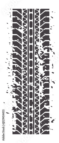 Vertical grunge tire track with visible texture is leaving a trail on white background, creating a powerful image of speed, adventure, and automotive passion