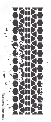 Vertical grunge tire track featuring a hexagonal tread pattern leaves a striking trail on a white background, creating a dynamic, distressed effect that captures movement and adventure
