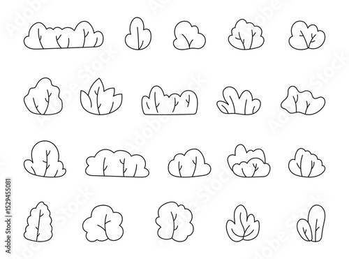 Botanical bush in outline line art set with foliage elements for yours garden in natural landscape and forest environment and for creative designs projects, illustration