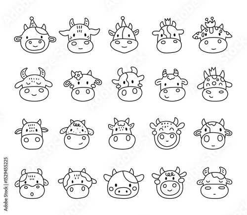 Charming cartoon cow face set created for and outline line art with cute animal friendly character head for yours illustration and creative designs projects