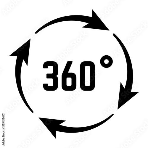 Rotating arrows creating a circular formation with a 360 degree symbol, illustrating concepts of full coverage, virtual reality, and immersive panoramic views