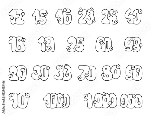 Set of numbers hand drawn symbol decorated with flowers for date, calendar, year, anniversary, celebration, with outline line art for yours illustration and creative designs projects