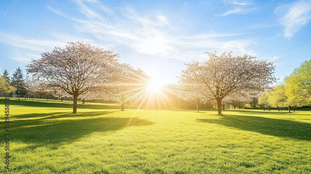 Fototapeta premium Sunrise park blossom trees green grass spring