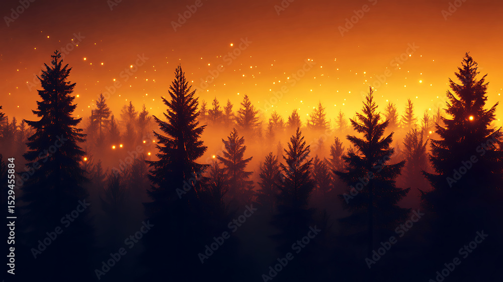 Fototapeta premium Silhouetted forest under a fiery orange sky with glimmering particles and dense fog