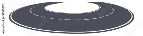 Winding road making a u turn with dashed lines marking the center of the road, representing a change of direction, return, or roundabout way, isolated on a white background