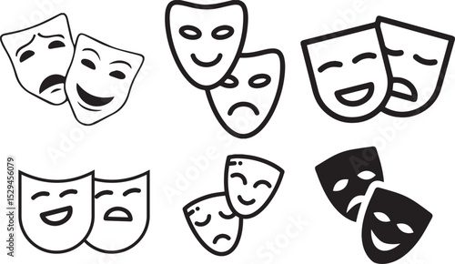 A versatile collection of theatrical mask icons represents drama, comedy, and emotion, ideal for arts, entertainment, and performance-related designs.
