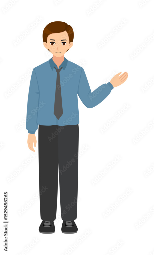 A man wearing blue shirt with hand presenting A man wearing blue shirt with hand presenting