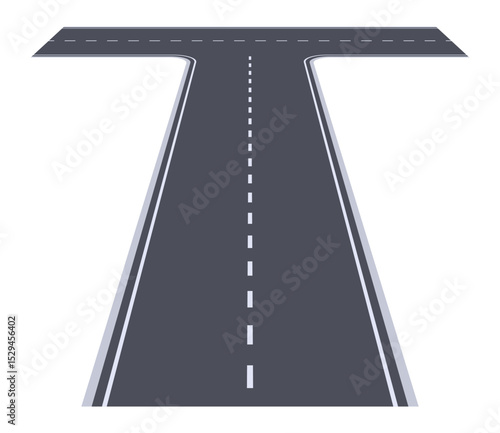 Straight asphalt road splitting into two different directions forming a three way intersection with white dashed lines marking the lanes on a white background